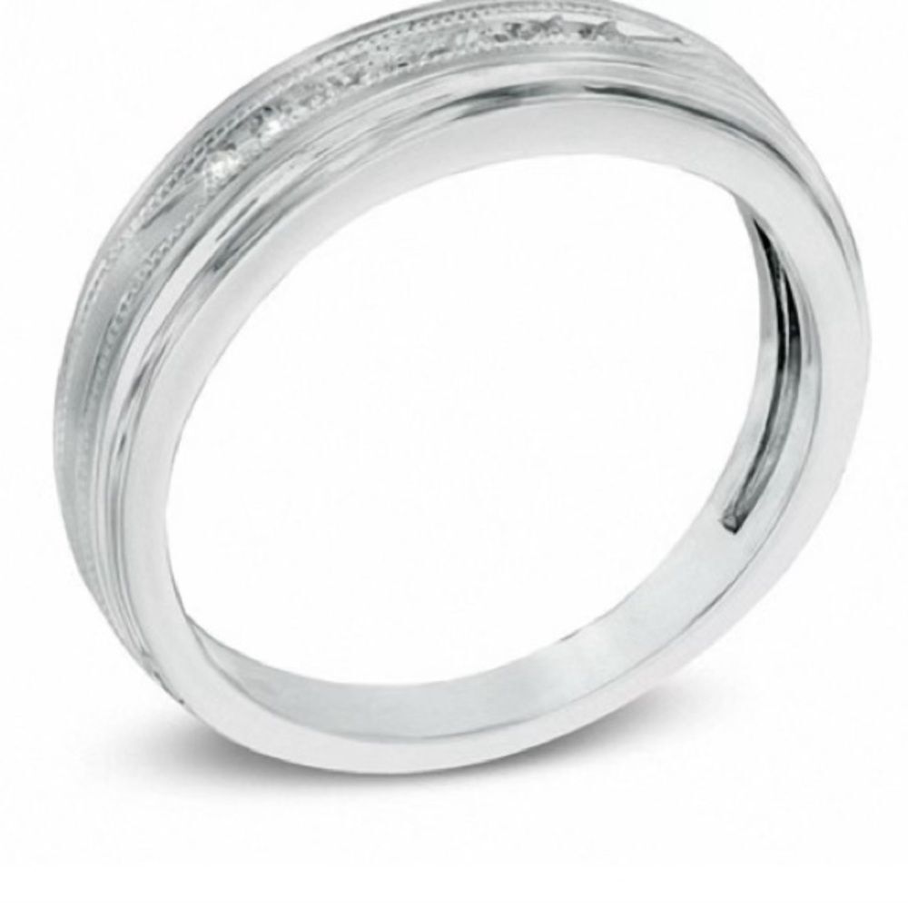 ZALES Men's 1/10 CT. T.W. Diamond Milgrain Wedding Band in 10K White Gold